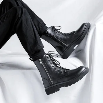 Мъжки ежедневни обувки на платформа в английски стил, оригинална черна кожена обувки, маркови дизайнерски ботильоны, красиви мотоциклетни ботуши hombre