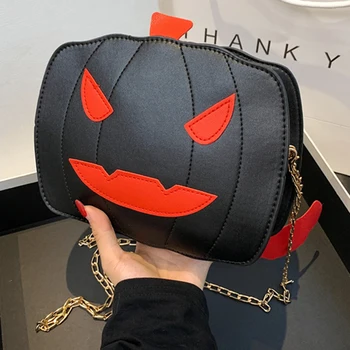 Креативна чанта през рамо с забавна тиква за Хелоуин, дяволска новост, чанта през рамо на веригата с отложено във формата на прилеп, модерен квадратен портфейл от изкуствена кожа