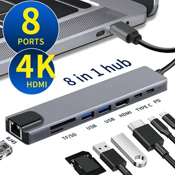 USB C Hub 8 в 1 Type C От 3,1 до 4K, HDMI Адаптер с RJ-45 SD/TF Четец на Карти PD Бързо Зареждане Зарядно устройство Хъб за Телефон на вашия Компютър