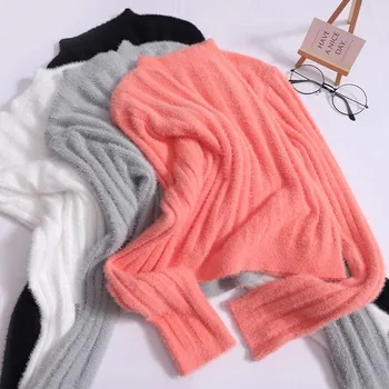 Есен-зима, вязаный основен топ с полувысоким яка, Дамски пуловер с висока еластичност, по-Кратък пуловер, Градинска дрехи за жени