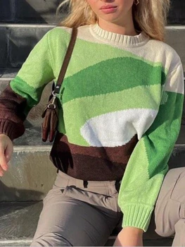 Зелената Жена вязаный пуловер на райета, Елегантен Всекидневен Свободен пуловер, Зима 2023 Топ с дълъг ръкав, топли Дебели скок с принтом, женски