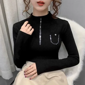 Дамски пуловер С кристали на Есенно-Зимния тънък топ, черен вязаный женски пуловер с дълги ръкави
