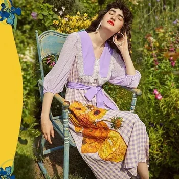 NEWDISCVRY Van Gogh Висококачествено секси лятна рокля 2022 година с красиви птичьими щампи, завязками на талията, ежедневното памучно рокля с големи размахами