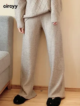 Дамски блестящи трикотажни панталони Circyy 2023, нови обикновен панталон с висока талия и широки штанинами, Модерни ежедневни Преки Свободни панталони Есен-зима