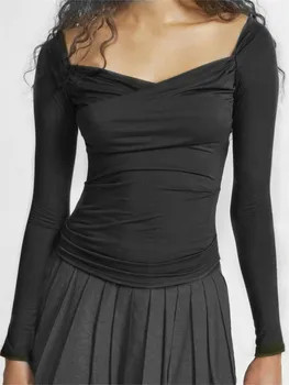 Нова дамски модни блуза Y2K с дълъг ръкав и по-отворени рамене, плисе потник с дълбоко деколте, есенни Ретро секси шик ризи, outdoor облекло