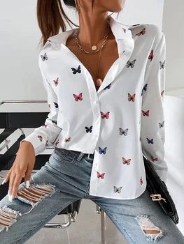 Ежедневна риза с принтом пеперуди, блуза, дамски пролетно-лятна мода, тънки ризи с дълъг ръкав за жени 2023, елегантна жена топ копчета.