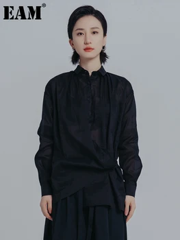 EAM Дамски Черна Плиссированная Бельо Блуза Голям размер, Нова Риза свободно намаляване с ревери и дълъг ръкав, Модерен Прилив на Пролет-есен 2024 1DE7025