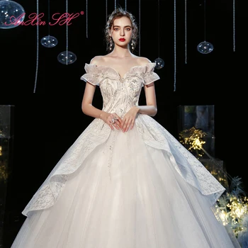 AnXin SH princess френското сватбена рокля от бяла дантела с флорални дизайн в ретро стил, винтажное сватбена рокля с деколте лодка, расшитое перли и кристални къдри на булката